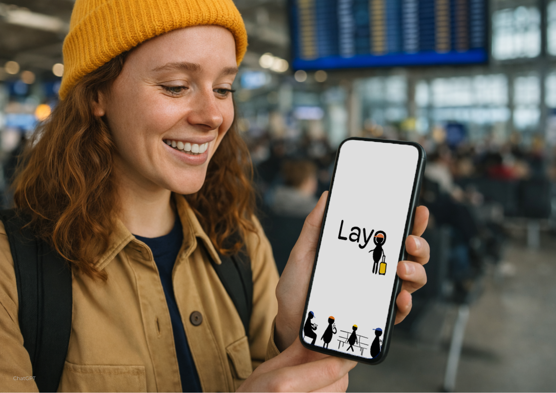 Traveler smiling at the Layo app on her phone in an airport