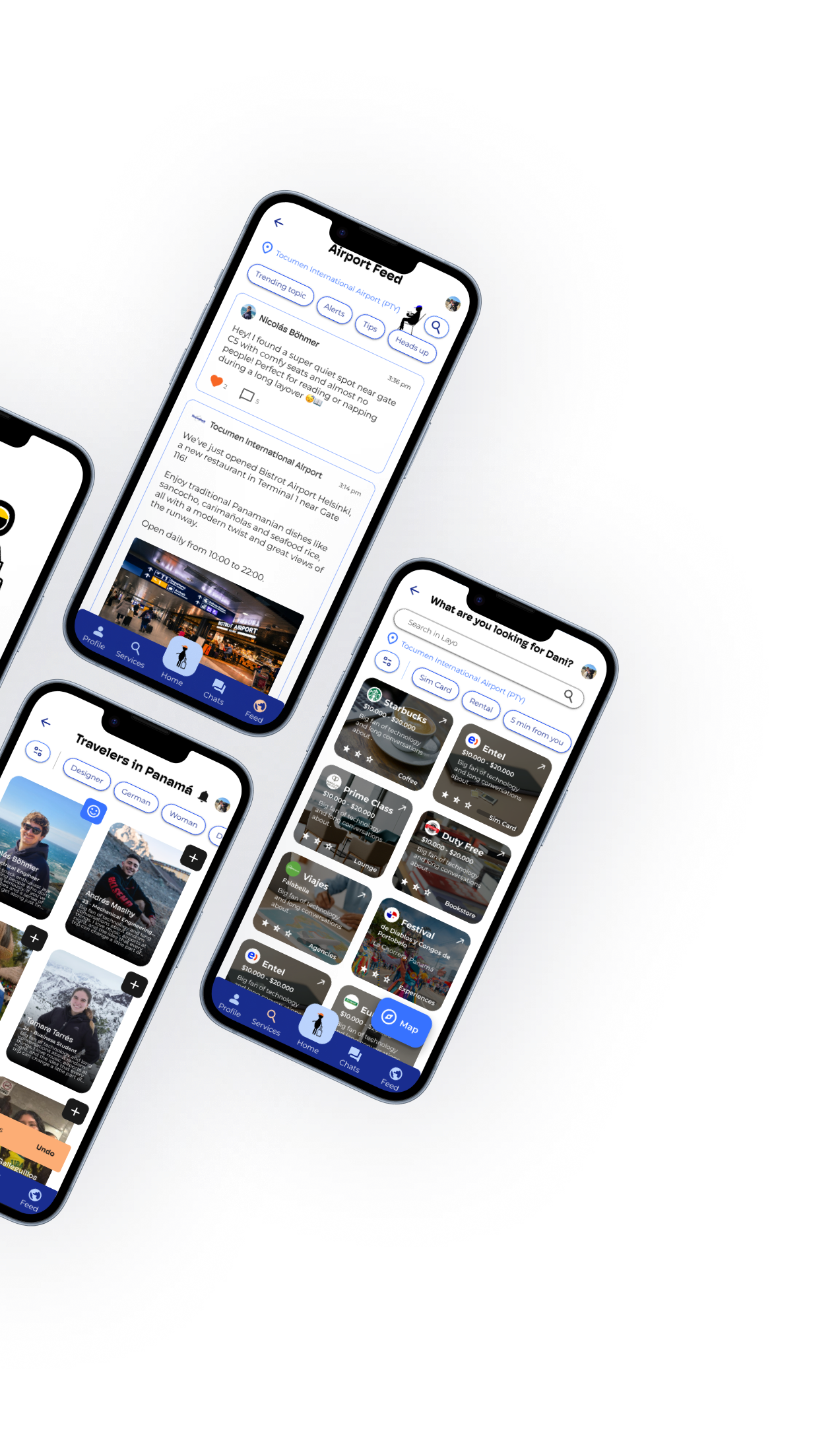 Layo app screens: Airport Feed, Services and Travelers in Panamá
